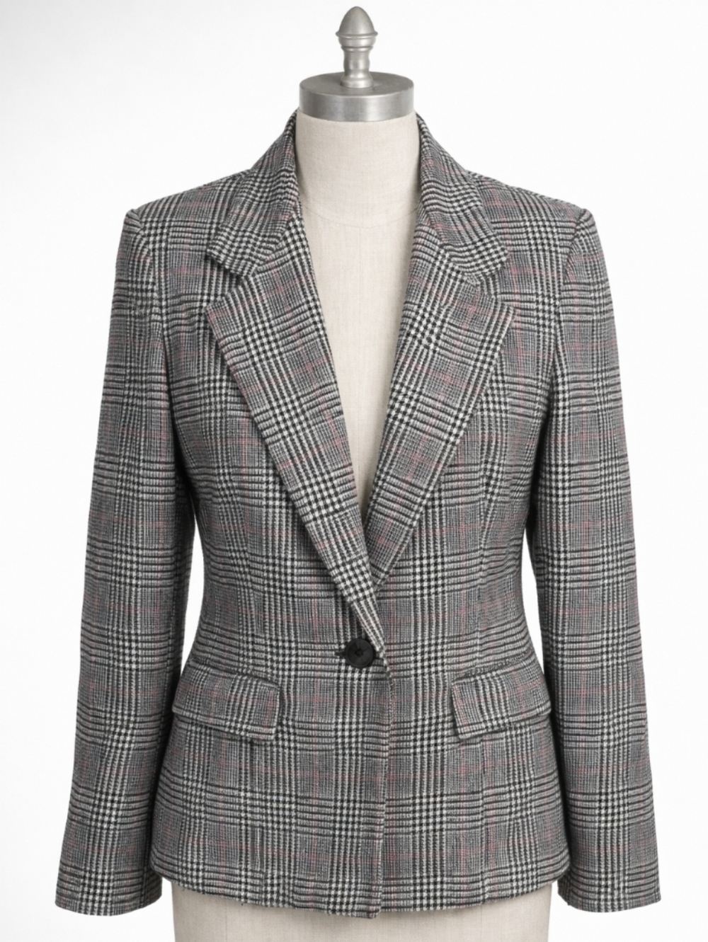 Vintage Gloria Vanderbilt Plaid Wool Blazer Jacket Black White Red 10P Petite